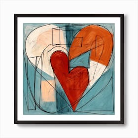Abstract Chalk Blue & Burnt Orange Heart 1 Art Print