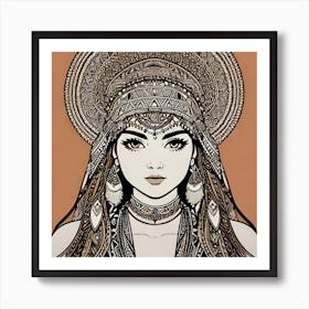 Bohemian line art with elaborate headdress Art Print