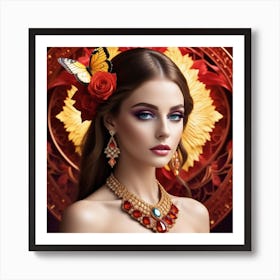 Beautiful Woman With Jewelry And A Butterfly Art Print
