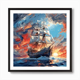 Of A Ship At Sunset Art Print