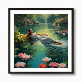 A gracefully floating water nymph, her delicate form surrounded by a tranquil garden of ethereal water blossoms. The petals of these flowers convey a range of emotions, shifting gently with the breeze that ripples through the crystal clear water. The aquatic stems showcase a vibrant array of colors, dazzling the eyes with their beauty. This captivating scene is depicted in a stunningly detailed painting, where every aspect is brought to life with rich and vibrant hues against green surroundings, crossing reality and illusion, highly detailed, cinematic scene, dramatic lighting, ultra realistic 8 Art Print