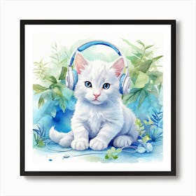 White Cat With Headphones Art Print