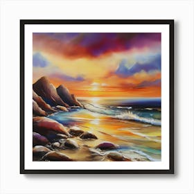 Artwork, oil colors, sea and sunset, seashore, beach rocks.San Francisco, USA.8 Art Print