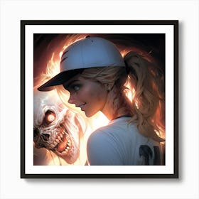 Girl In A Baseball Cap and skull Art Print