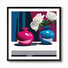 White Roses with Blue & Pink Ceramics Art Print