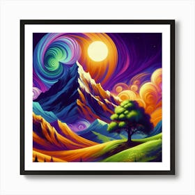 Mountain With Spiral Moon Sun Large Tree 2 Art Print