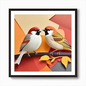 Firefly A Modern Illustration Of 2 Beautiful Sparrows Together In Neutral Colors Of Taupe, Gray, Tan (83) Art Print