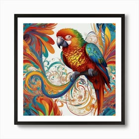 A colorful parrot in the style of intricate psychedelic swirl patterns, in the style of Magali Villeneuve, love and romance, in the style of Caravaggio, colorful Moebius, white background 2 Art Print