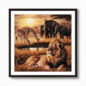 Lions And Giraffes Art Print