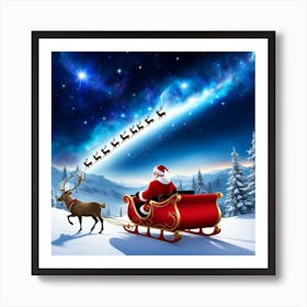 Santa Claus Flying With Reindeer Art Print