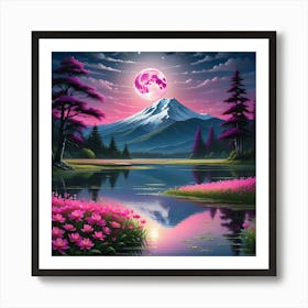 Moonlight In The Mountains With Pink Flowers And Calm lake Art Print