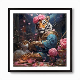 Tiger With Roses Art Print