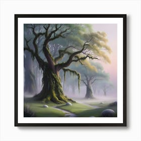 A Misty, Dawn Lit High Fantasy Forest, Digitally Painted In Vibrant, Ethereal Hues, With Soft, Feathery Brushstrokes And Delicate Textures, Evoking An Atmosphere Of Peaceful Tranquility, (4) Art Print