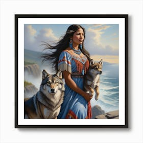 Native American Woman With Wolves Art Print