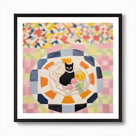 Pastel Black Cat In A Picnic Blanket Art Print