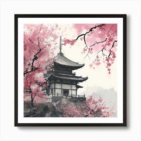 Japanese Temple Under Sakura Art Print