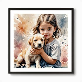 Water Colored Painting Of A Girl Child With Her Puppy 2d Art Water Color Spray 32k Resolution 3553479364 Art Print