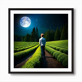 Young Boy Looking At The Moon Art Print