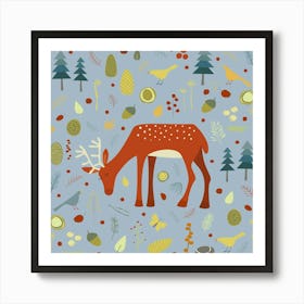 Deer in the Forest Blue Art Print