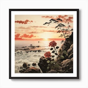 Leonardo Diffusion Xl A Rose Sitting On A Rocky Shore At Sunse 1 Art Print