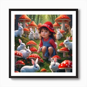 A Small Girl Surrounded With Bunnies Art Print