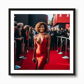 Available to purchase - A Black Woman Voluptuous Sexy Wearing A Lowcut Red Latex Dress on Red Carpet - Created by Midjourney Art Print