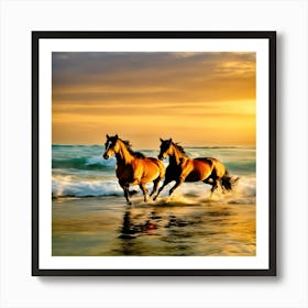 Horses On The Beach At Sunset Art Print