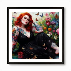 Woman With Red Hair | Flowers | Water | Colorful 1 Art Print