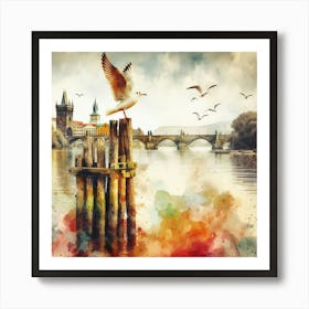 Watercolor Of A Seagull On A Post Art Print