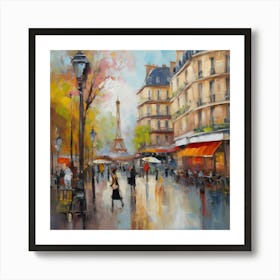 Paris In The Rain.Paris city, pedestrians, cafes, oil paints, spring colors. Art Print