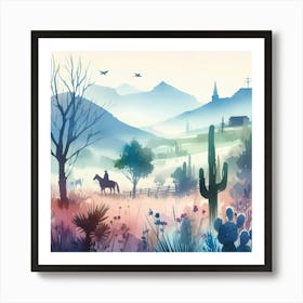 Watercolor Landscape With Horses And Cactus Art Print