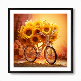 Sunny Spin: Sunflowers and Bicycles on a Bright Day. Sunflowers On A Bicycle. Art Print