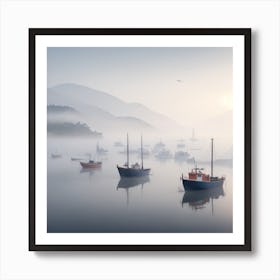 Dreamshaper V7 A Serene Fogcovered Harbor With Fishing Boats G 1 Art Print