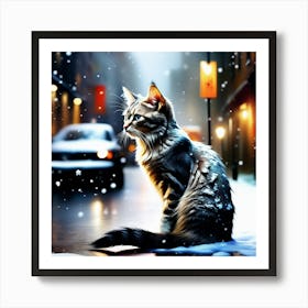 Cat In The Snow Art Print