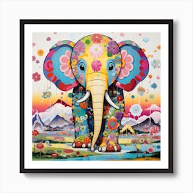 Elephant With Flowers Art Print