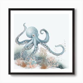 Storybook Style Octopus Exploring The Ocean 3 Art Print