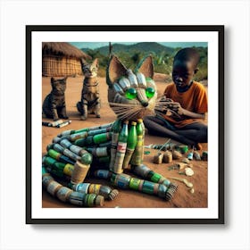 Cat Made Of Plastic Bottles Art Print