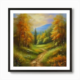 Canada's forests. Dirt path. Spring flowers. Forest trees. Artwork. Oil on canvas.5 Art Print