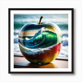 Stormy Sea Seamlessly Integrated Within A Translucent Half Glas Apple On A Wood Table Art Print