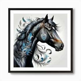 Black Horse Portrait With Feathers Art Print