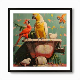Parrots In The Bath 1 Art Print