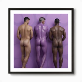 Three Naked Men Standing In Front Of Purple Wall Art Print