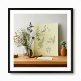 Firefly Minimalist, Scene, Pencil, Drawing, Paper, Flora, Desk, Scandinavian, Style, Clean, Simple, (11) Art Print