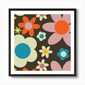 Bold 70s  Retro Floral Brown Square Art Print