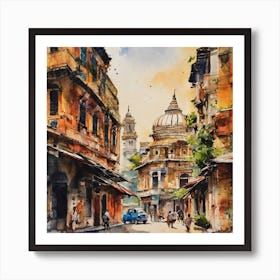 View of the town with people walking Art Print