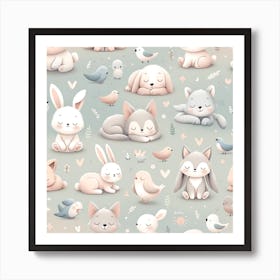 Cute Animals Seamless Pattern Art Print