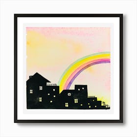 Watercolor, Buildings With Rainbows In The Sky Art Print