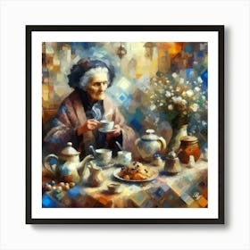 Elderly Lady At Tea Time Abstract 2 Art Print