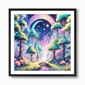 A Fantasy Forest With Twinkling Stars In Pastel Tone Square Composition 391 Art Print