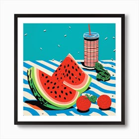 Watermelon Wavy Blue Lines Art Print